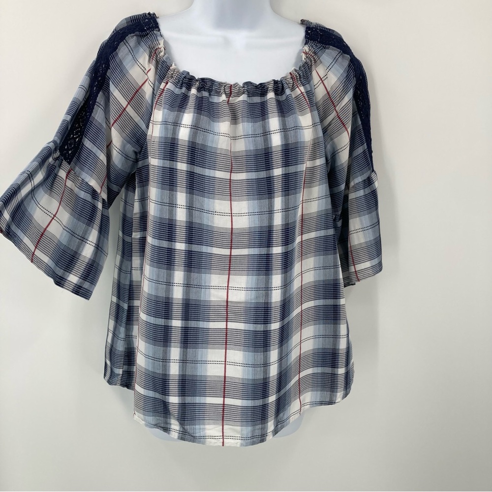 Westport Women Blouse Top Plaid Ruffle Sleeve Loose Fit Elastic Neckline Sz S